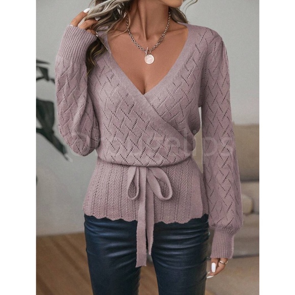 Dusty Lavender Wrap Cardigan Long Lantern Sleeve Ties - Picture 4 of 10